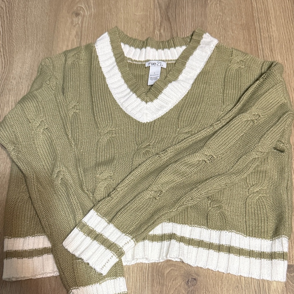 Rue21 Sage Green V-Neck Sweater with White Trim